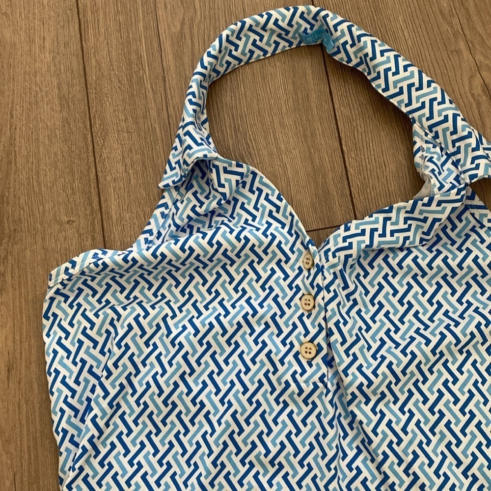 J.McLaughlin Blue and White Patterned Collared Halter Top size Large - Picture 2 of 6
